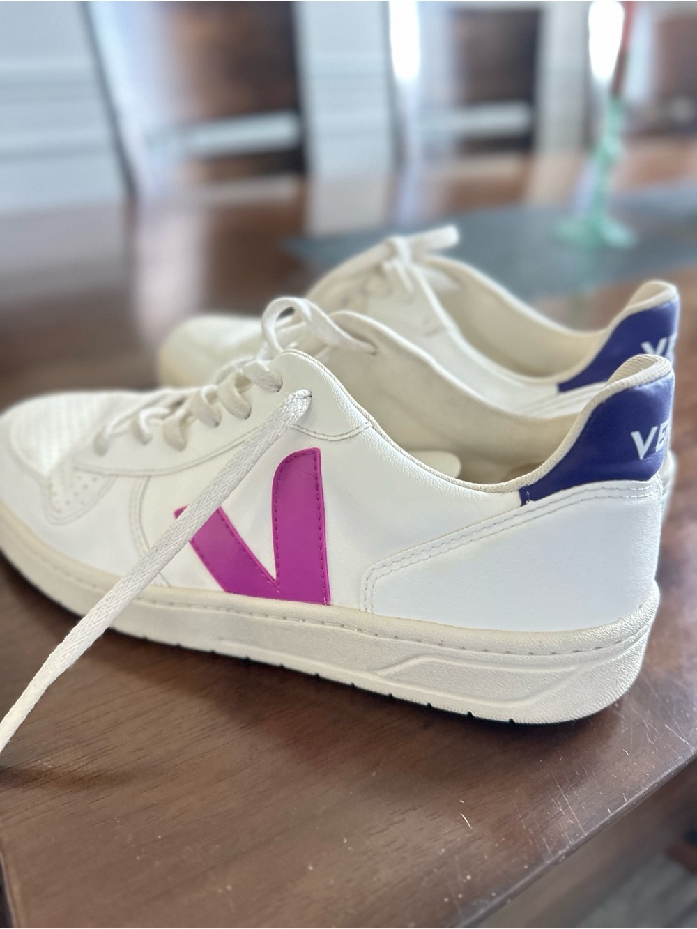 Veja men’s  White Sneakers with Pink V and Blue Heel Tab